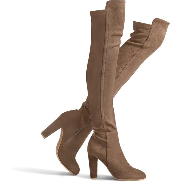 Women Taupe Faux Suede Chunky Heel Stretch Over The Knee Thigh High Long Boot - Picture 1 of 6